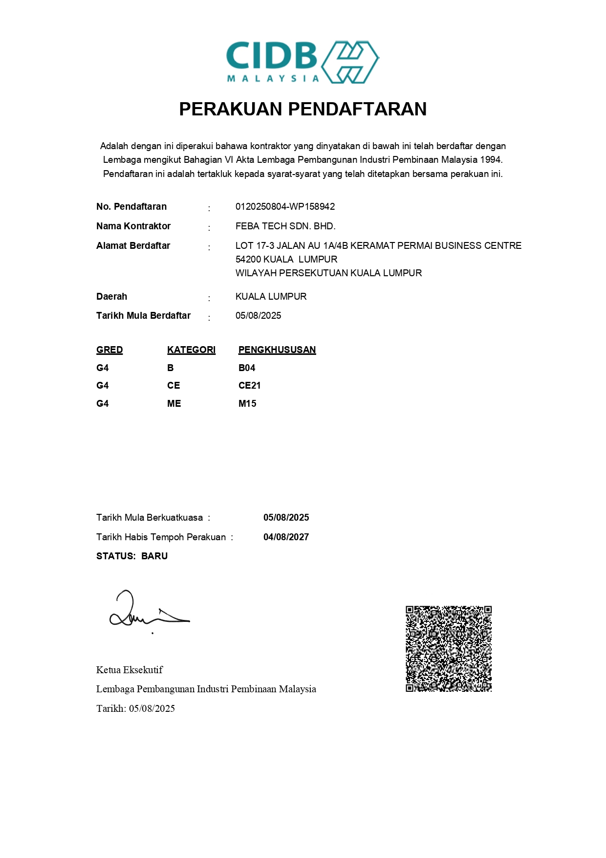 Feba CIDB Certificate